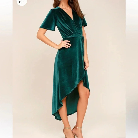 Lulus Amour Teal Green Luxe Stretch Velvet High-Low Wrap Dress V-Neck Size M - Picture 2 of 15
